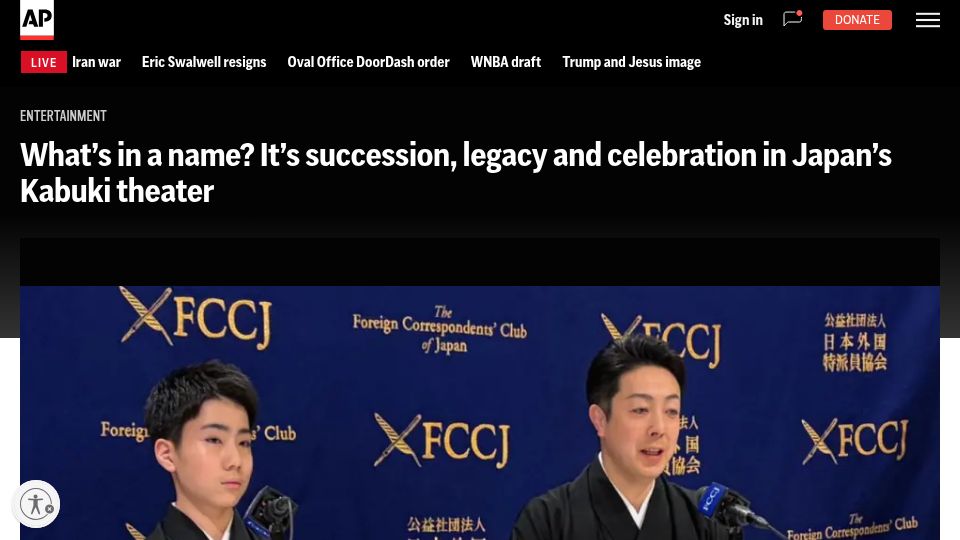 Screenshot of apnews.com: A name is succession, legacy and celebration in Japan's Kabuki theater