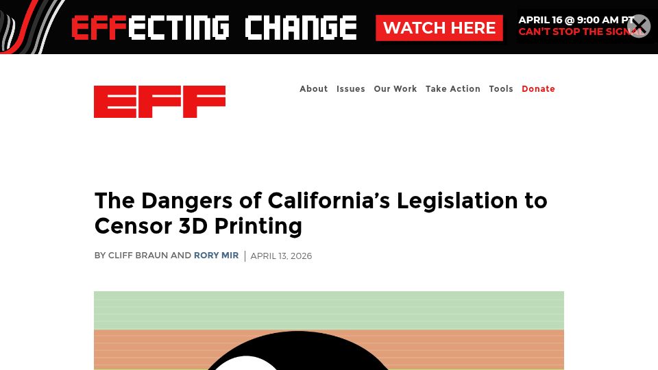 Screenshot of eff.org: The dangers of California's legislation to censor 3D printing