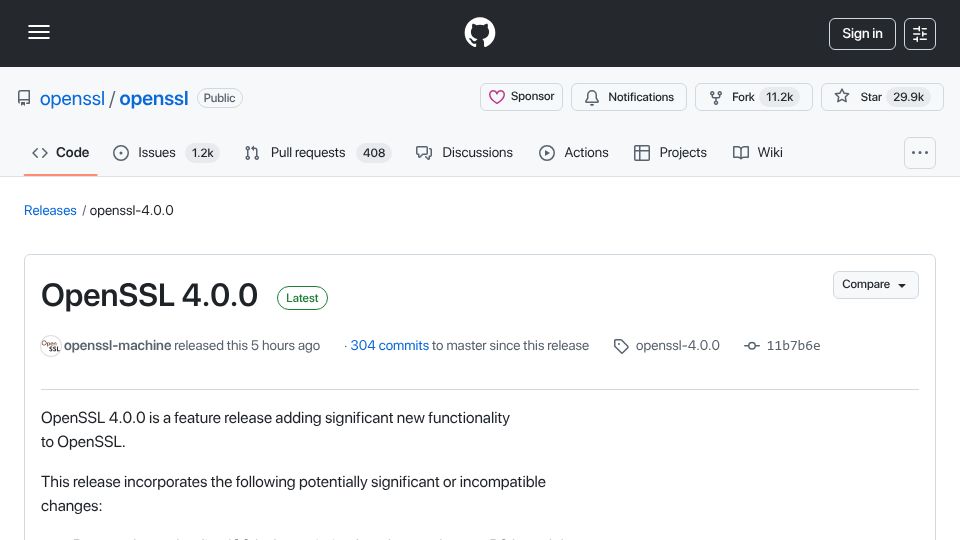 Screenshot of github.com: OpenSSL 4.0.0