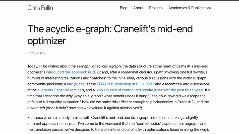 Screenshot of cfallin.org: The acyclic e-graph: Cranelift's mid-end optimizer