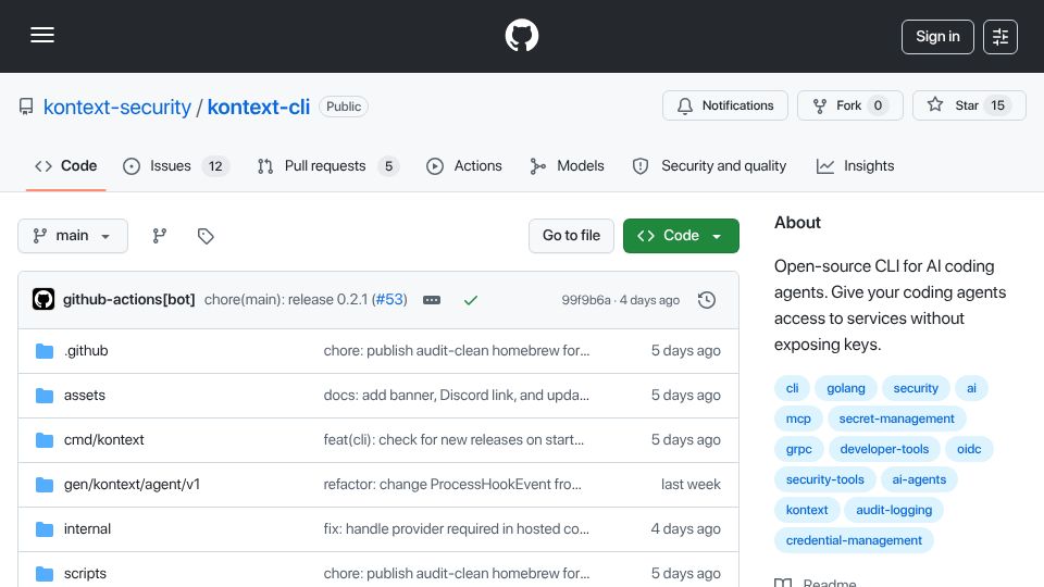 Screenshot of github.com: Show HN: Kontext CLI – Credential broker for AI coding agents in Go