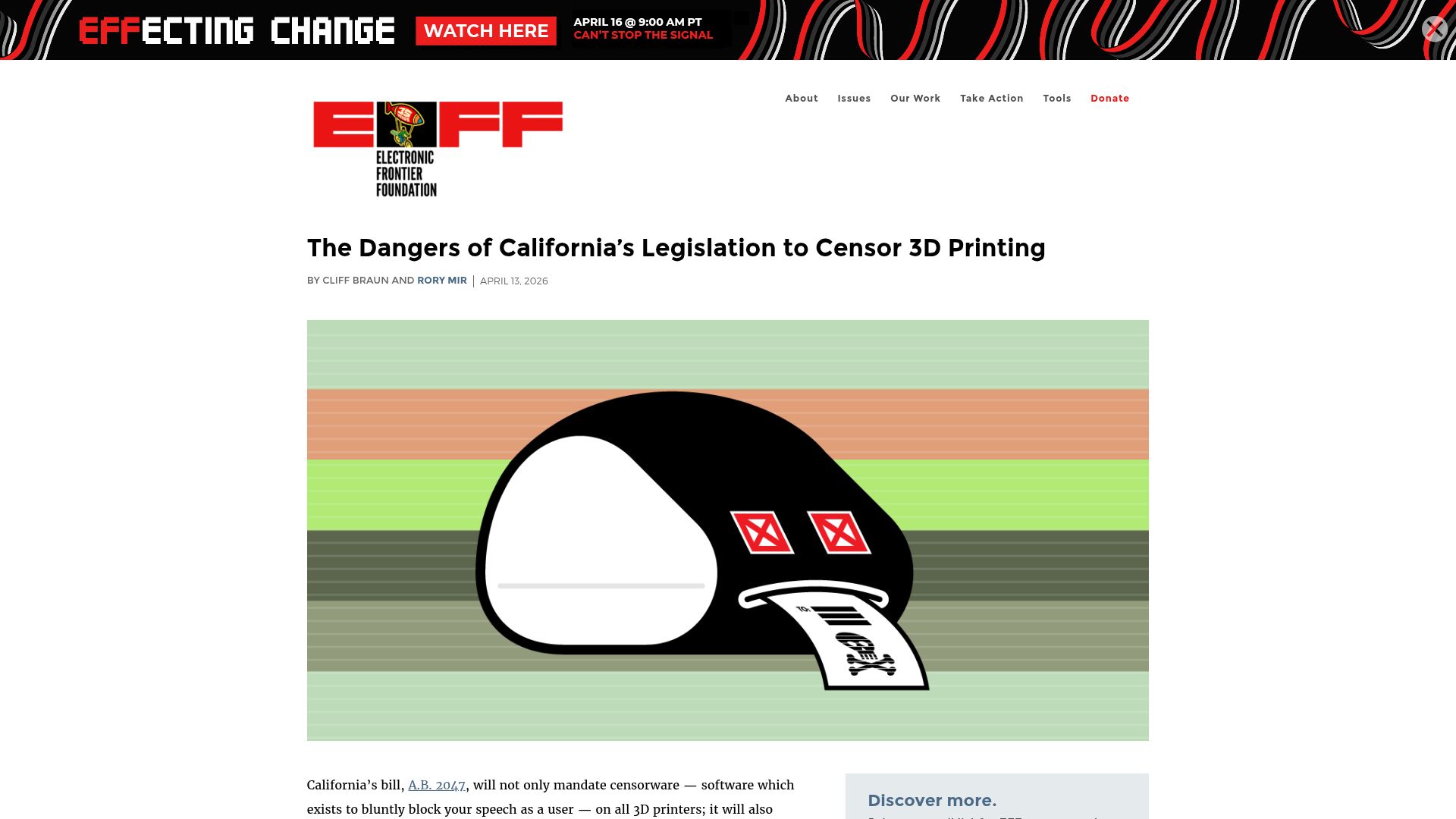 Screenshot of eff.org: The dangers of California's legislation to censor 3D printing