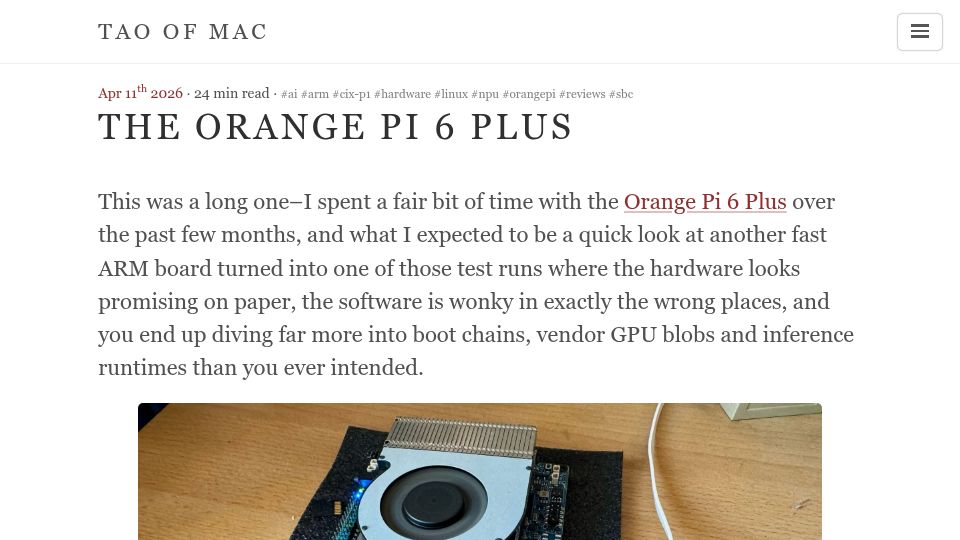 Screenshot of taoofmac.com: The Orange Pi 6 Plus