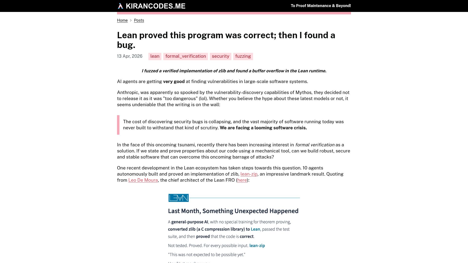 Screenshot of kirancodes.me: Lean proved this program correct; then I found a bug
