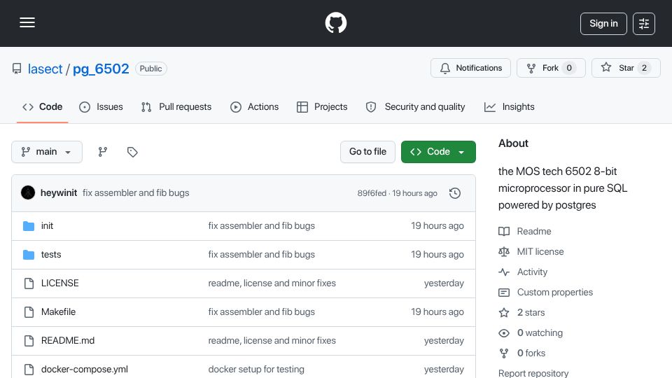 Screenshot of github.com: MOS tech 6502 8-bit microprocessor in pure SQL powered by Postgres