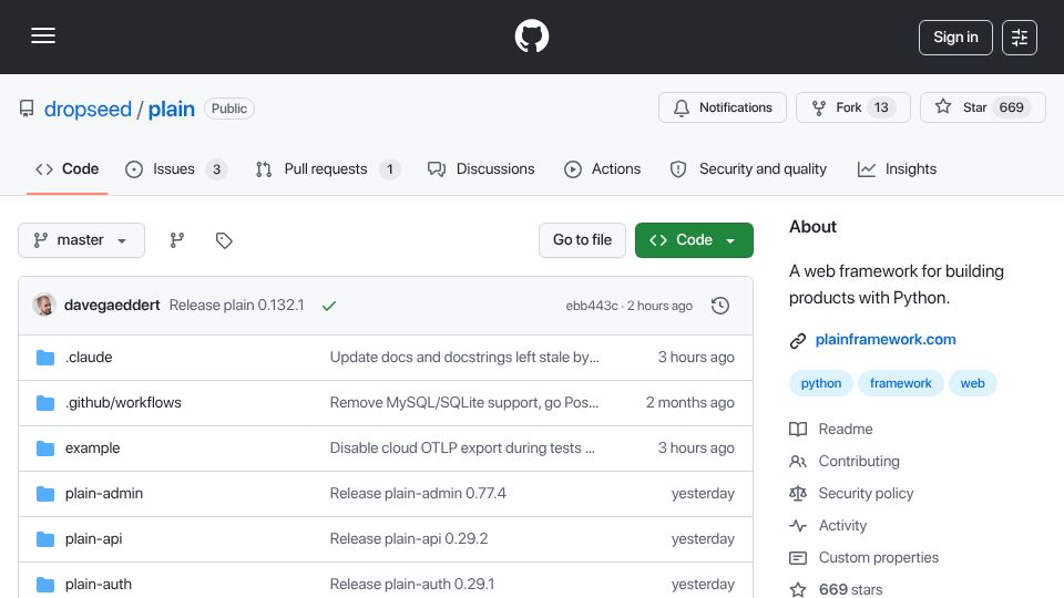 Screenshot of github.com: Show HN: Plain – The full-stack Python framework designed for humans and agents