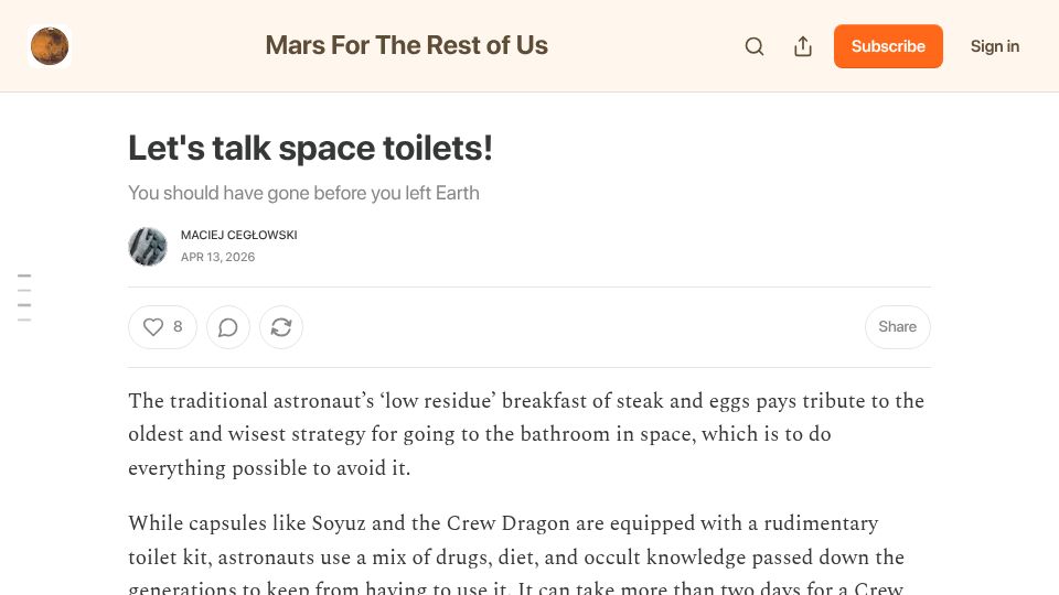 Screenshot of mceglowski.substack.com: Let's talk space toilets