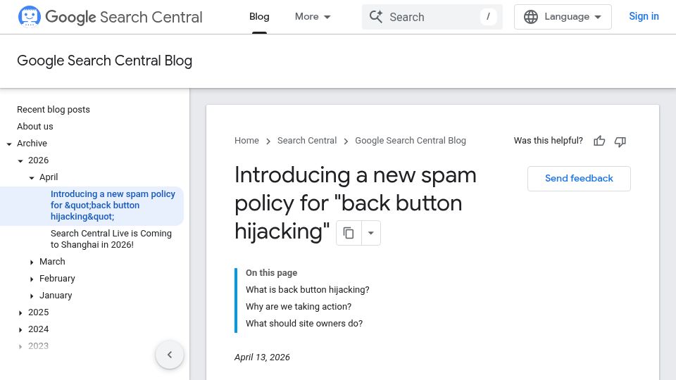 Screenshot of developers.google.com: A new spam policy for “back button hijacking”