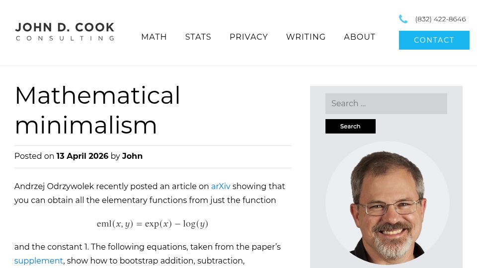Screenshot of johndcook.com: Mathematical minimalism