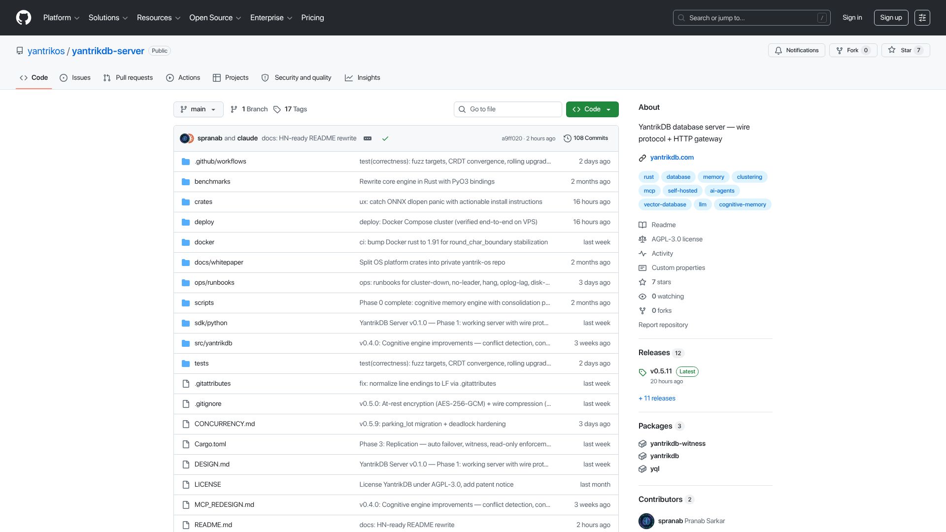 Screenshot of github.com: Show HN: A memory database that forgets, consolidates, and detects contradiction