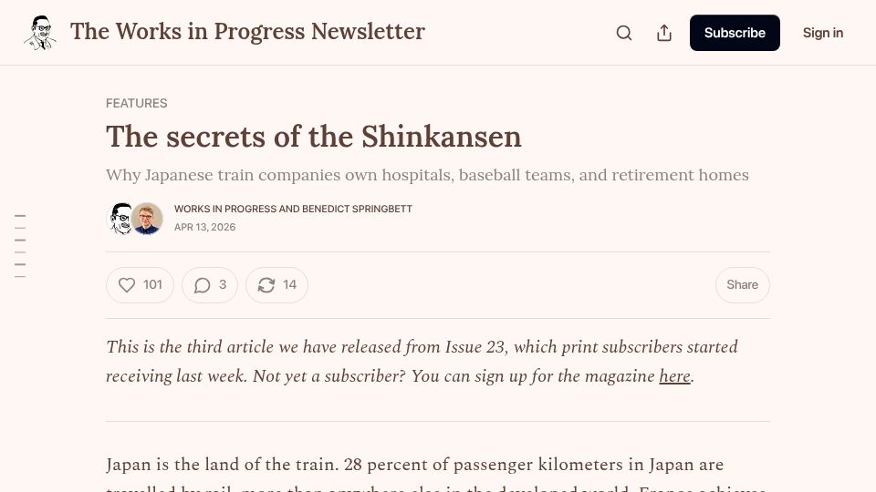 Screenshot of worksinprogress.news: The secrets of the Shinkansen
