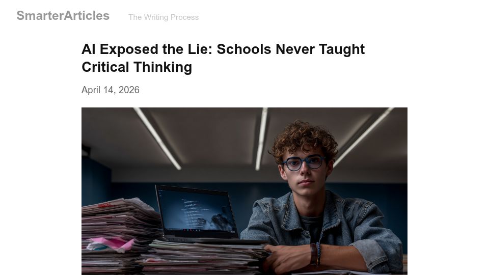 Screenshot of smarterarticles.co.uk: Schools Never Taught Critical Thinking: AI Exposed the Lie