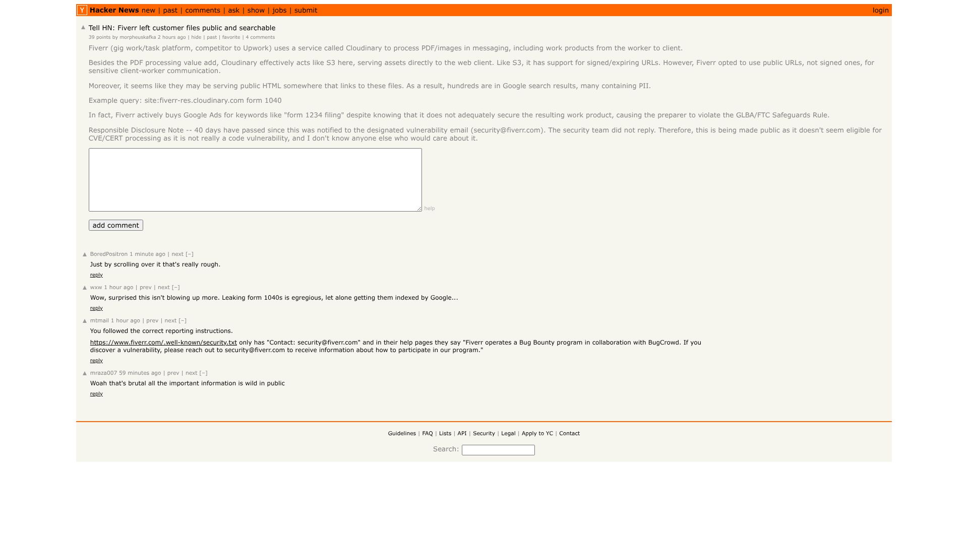 Screenshot of this Hacker News post: Tell HN: Fiverr left customer files public and searchable