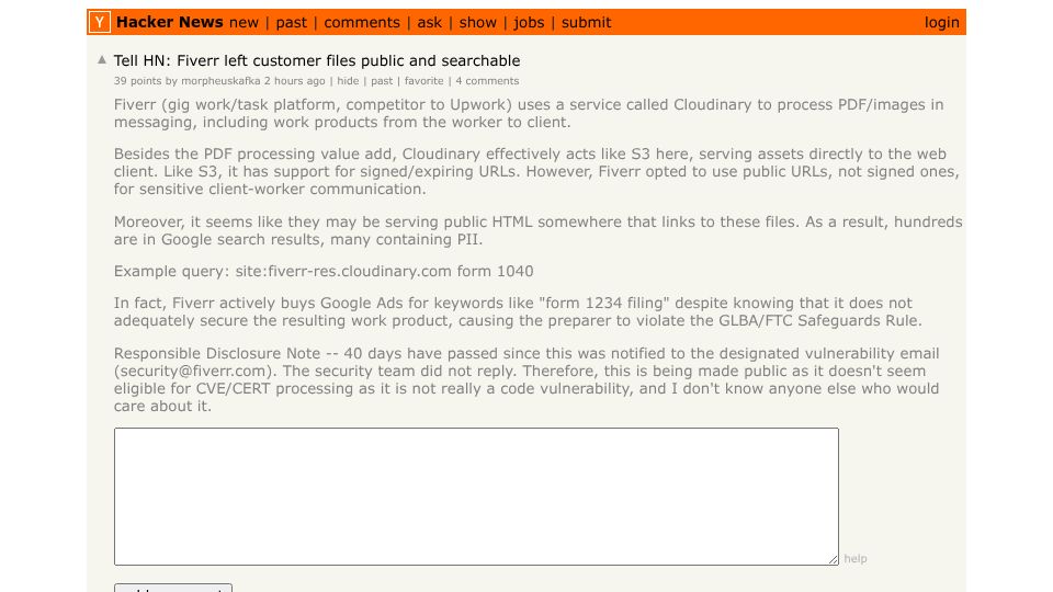 Screenshot of Hacker News post: Tell HN: Fiverr left customer files public and searchable