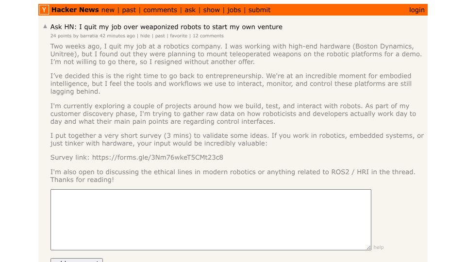 Screenshot of Hacker News post: Ask HN: I quit my job over weaponized robots to start my own venture