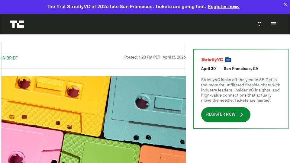 Screenshot of techcrunch.com: Rare concert recordings are landing on the Internet Archive