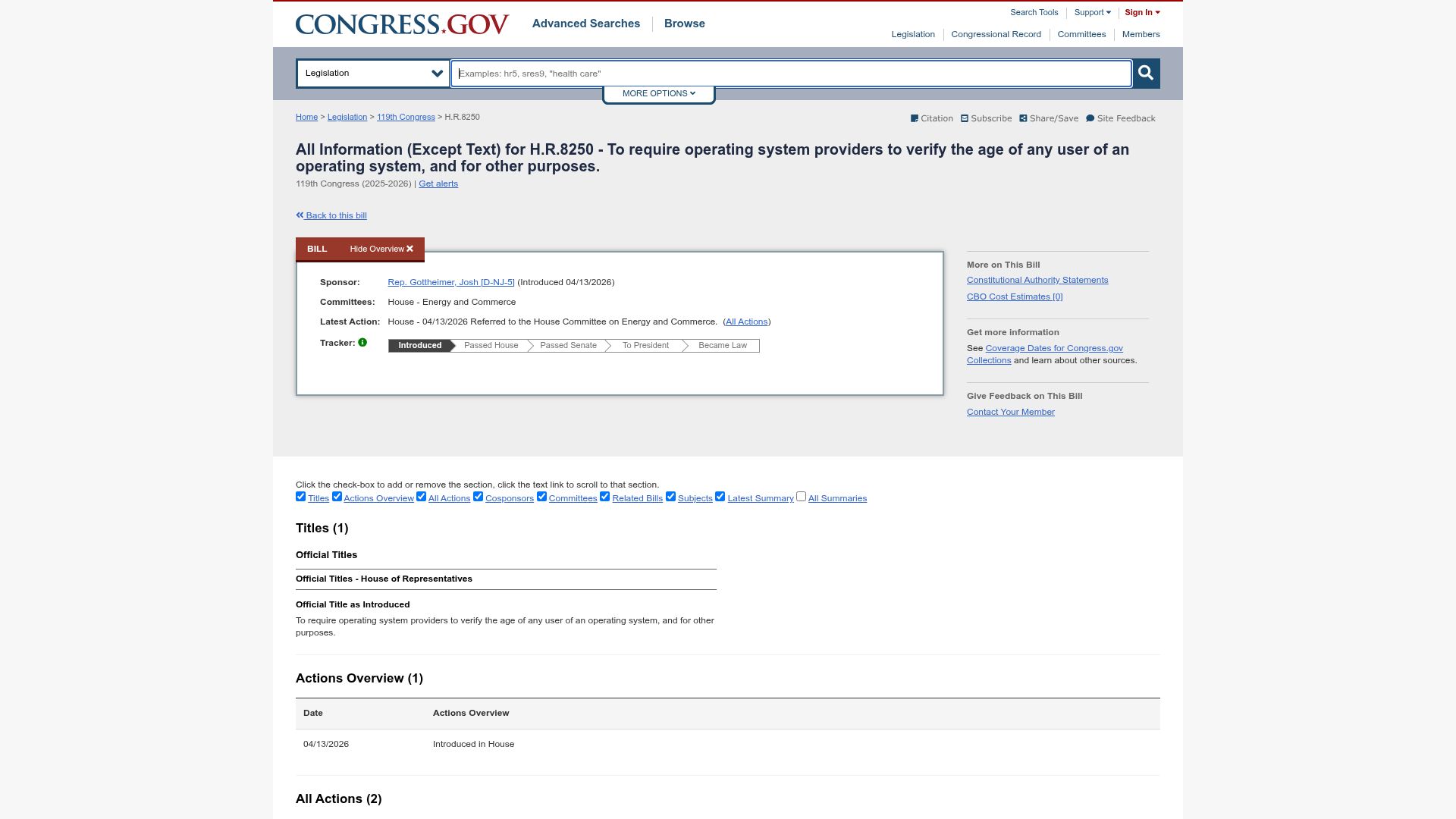 Screenshot of congress.gov: H.R.8250 – To require operating system providers to verify the age of any user