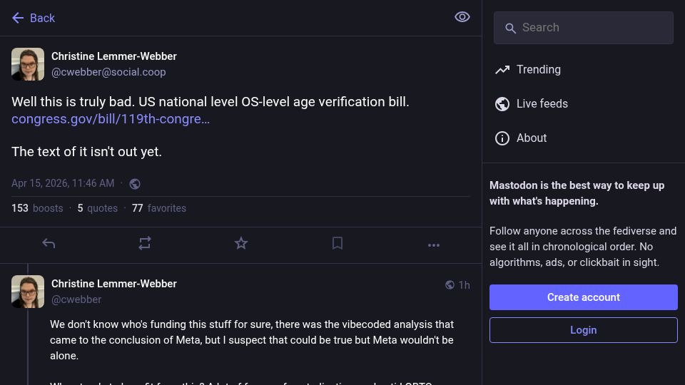 Screenshot of social.coop: US national level OS-level age verification bill