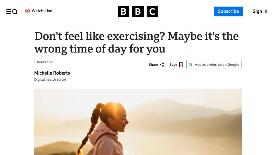 Screenshot of bbc.com: Don't feel like exercising? Maybe it's the wrong time of day for you