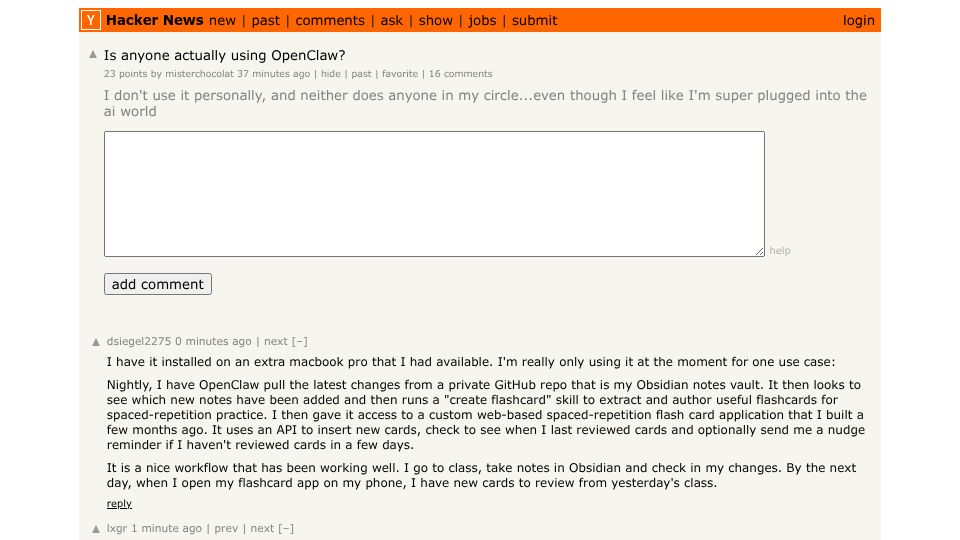 Screenshot of Hacker News post: Ask HN: Who is using OpenClaw?