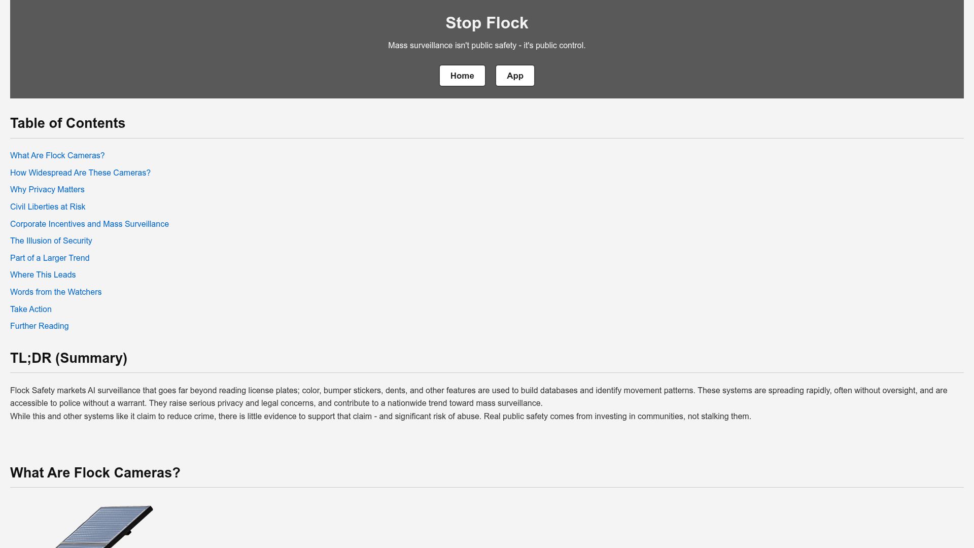 Screenshot of stopflock.com: Stop Flock