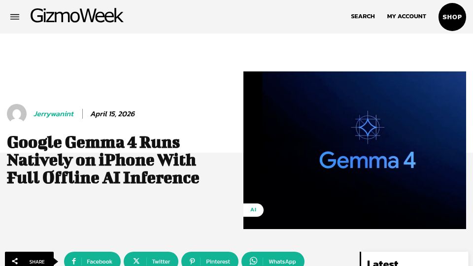 Screenshot of gizmoweek.com: Google Gemma 4 Runs Natively on iPhone with Full Offline AI Inference