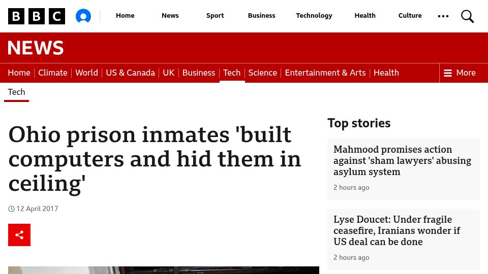 Screenshot of bbc.com: Ohio prison inmates 'built computers and hid them in ceiling' (2017)