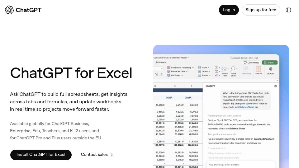 Screenshot of chatgpt.com: ChatGPT for Excel