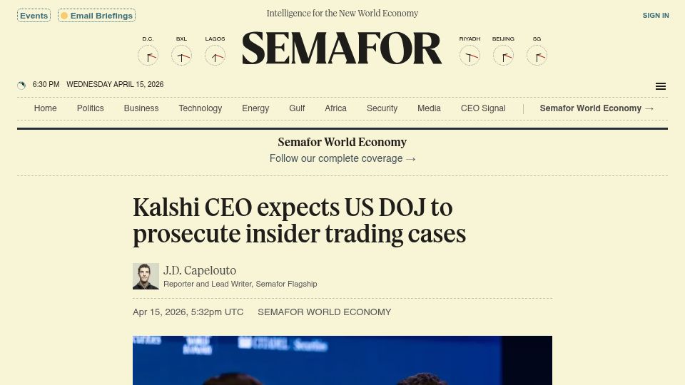 Screenshot of semafor.com: Kalshi CEO expects US DOJ to prosecute insider trading cases
