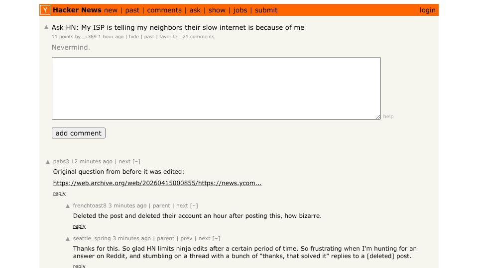 Screenshot of Hacker News post: Ask HN: My ISP is telling my neighbors their slow internet is because of me