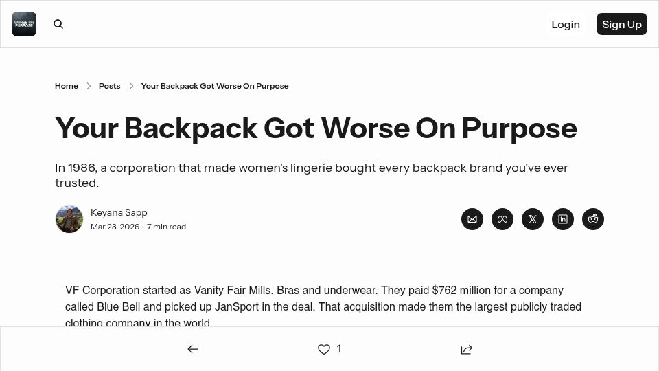 Screenshot of worseonpurpose.com: Backpacks got worse on purpose