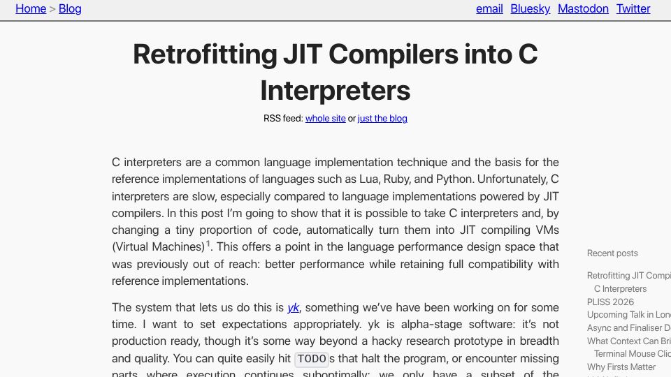 Screenshot of tratt.net: Retrofitting JIT Compilers into C Interpreters
