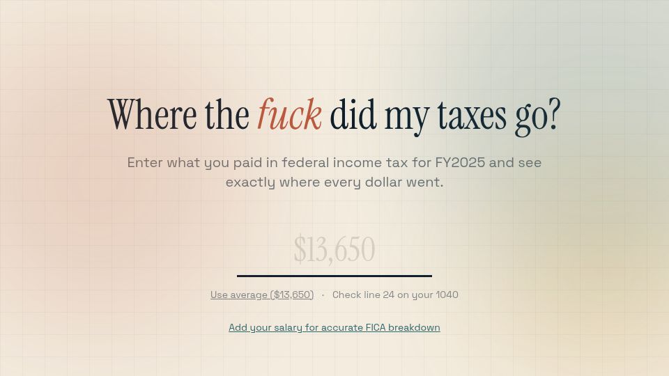 Screenshot of wherethefuckdidmytaxesgo.com: Where did my taxes go?