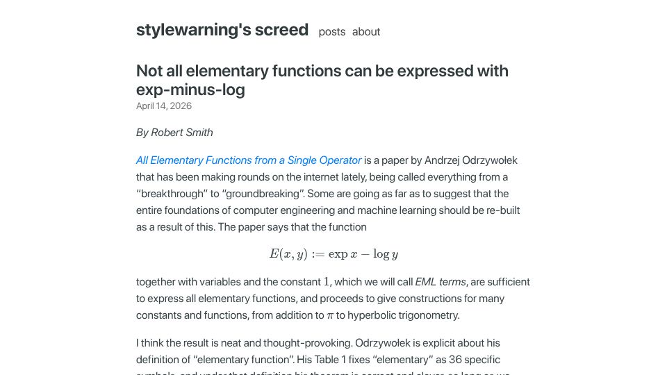 Screenshot of stylewarning.com: Not all elementary functions can be expressed with exp-minus-log