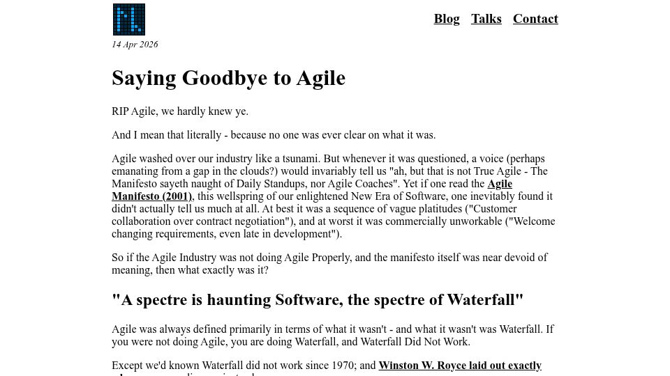 Screenshot of lewiscampbell.tech: Saying goodbye to Agile