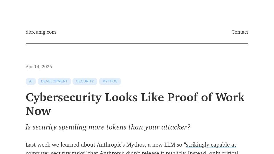 Screenshot of dbreunig.com: Cybersecurity looks like proof of work now