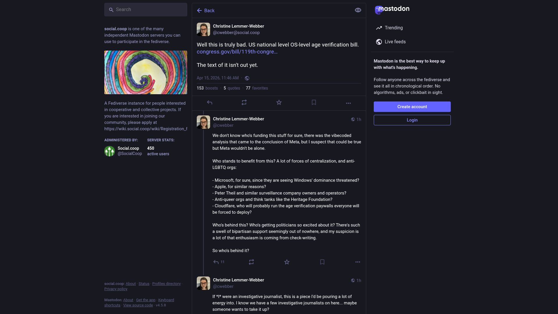 Screenshot of social.coop: US national level OS-level age verification bill