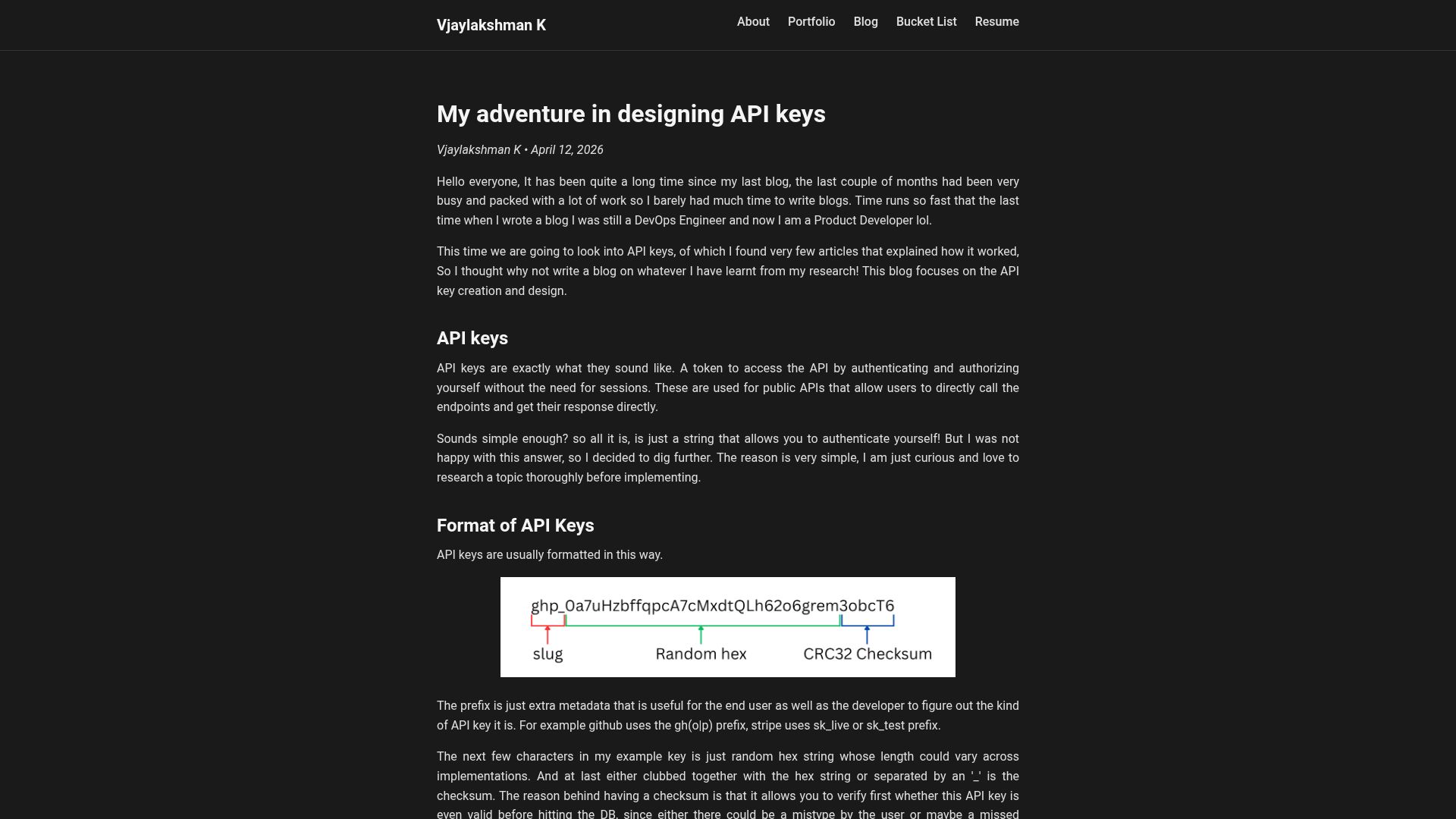 Screenshot of vjay15.github.io: My adventure in designing API keys