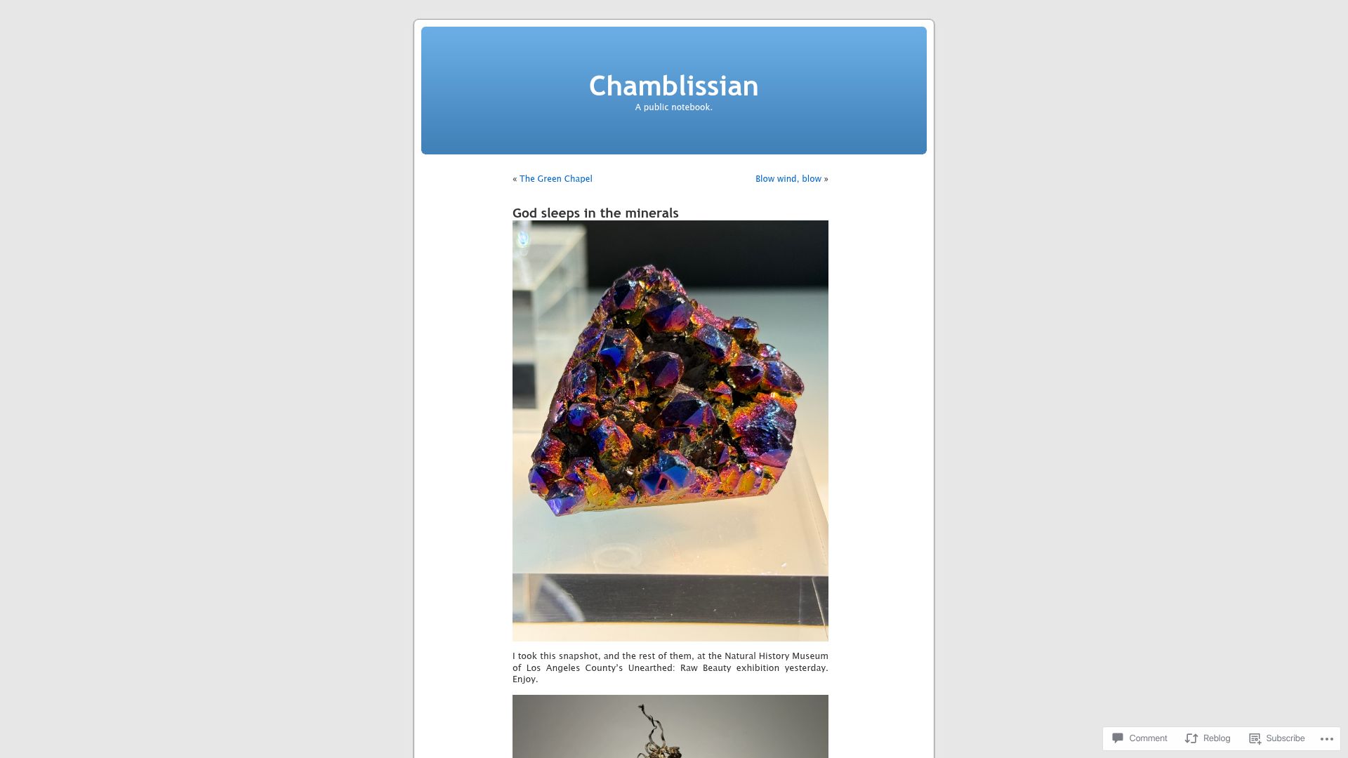 Screenshot of wchambliss.wordpress.com: God sleeps in the minerals