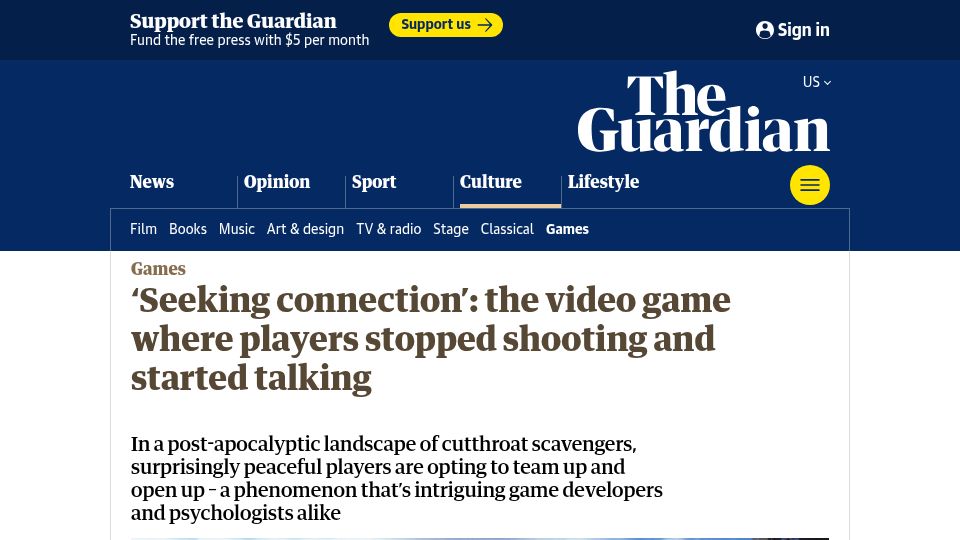Screenshot of theguardian.com: 'Seeking connection': video game where players stopped shooting, started talking