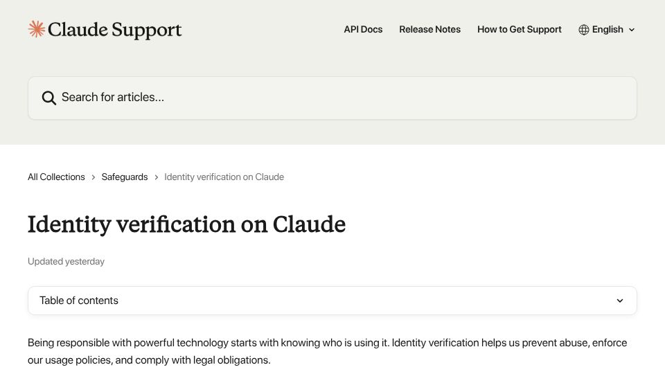 Screenshot of support.claude.com: Claude may require identity verification in some cases
