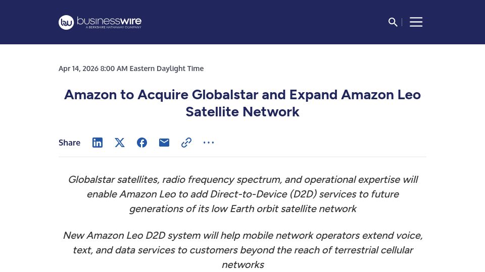 Screenshot of businesswire.com: Amazon to acquire Globalstar and expand Amazon Leo satellite network