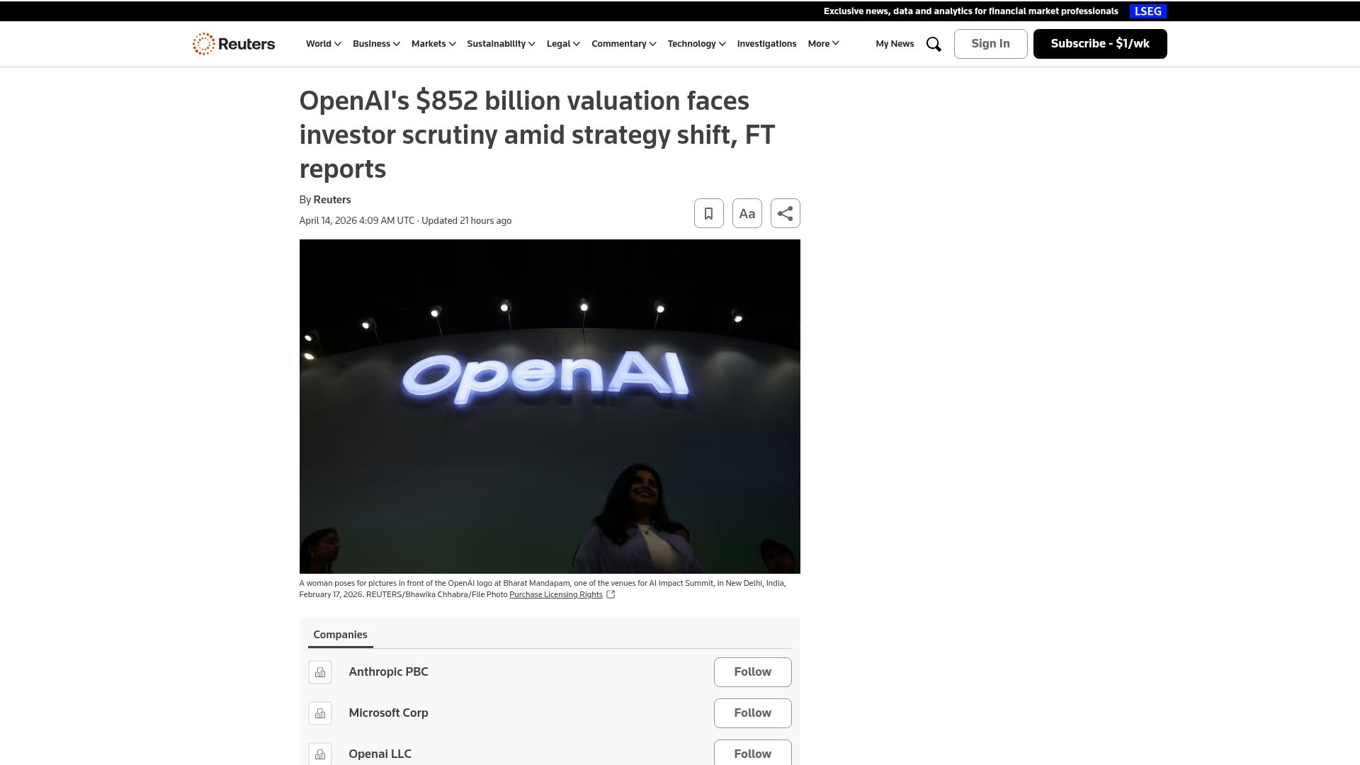 Screenshot of reuters.com: OpenAI's $852B valuation faces investor scrutiny amid strategy shift, FT reports
