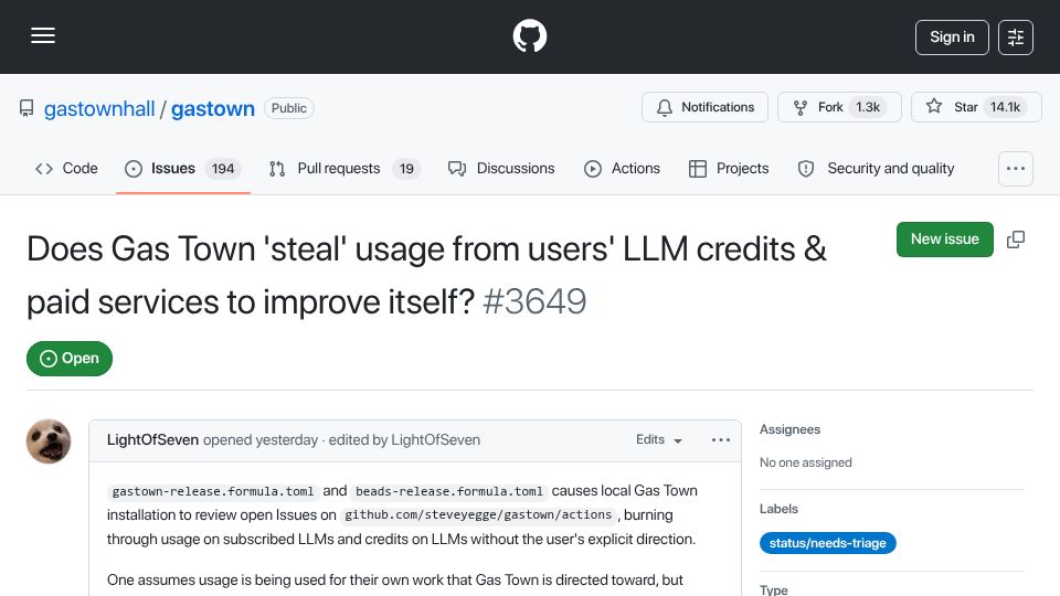 Screenshot of github.com: Does Gas Town 'steal' usage from users' LLM credits to improve itself?