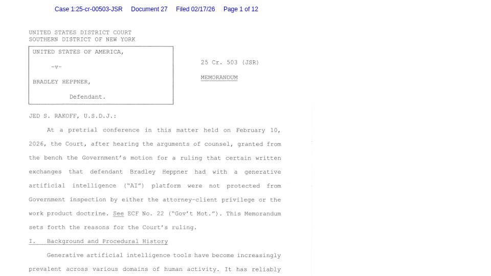 Screenshot of fingfx.thomsonreuters.com: US v. Heppner (S.D.N.Y. 2026) no attorney-client privilege for AI chats [pdf]