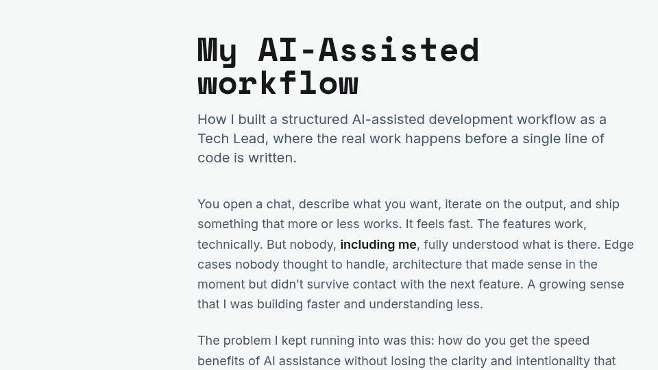 Screenshot of maiobarbero.dev: My AI-Assisted Workflow