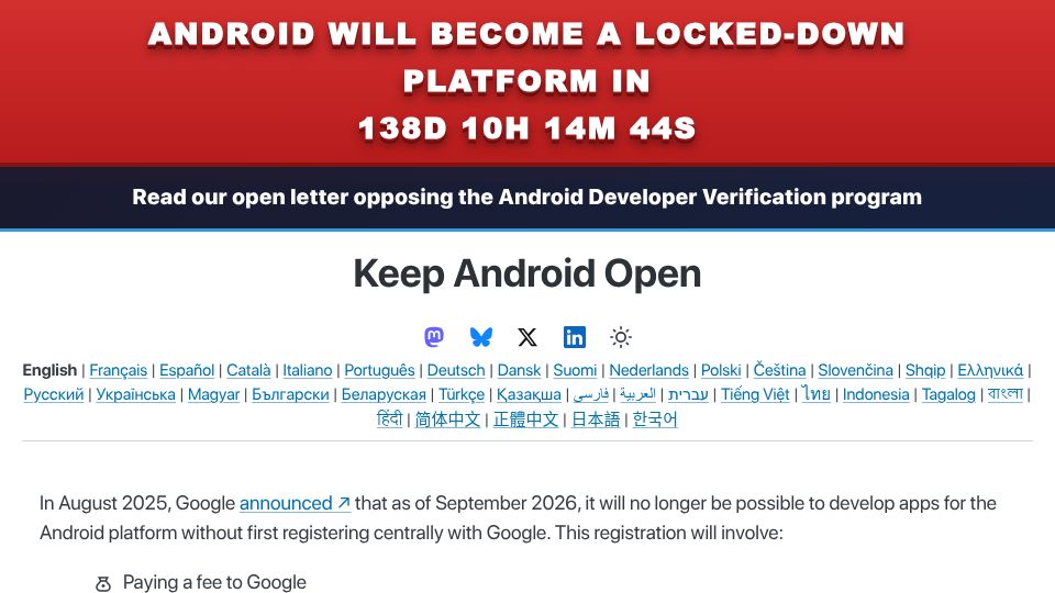 Screenshot of keepandroidopen.org: Keep Android Open