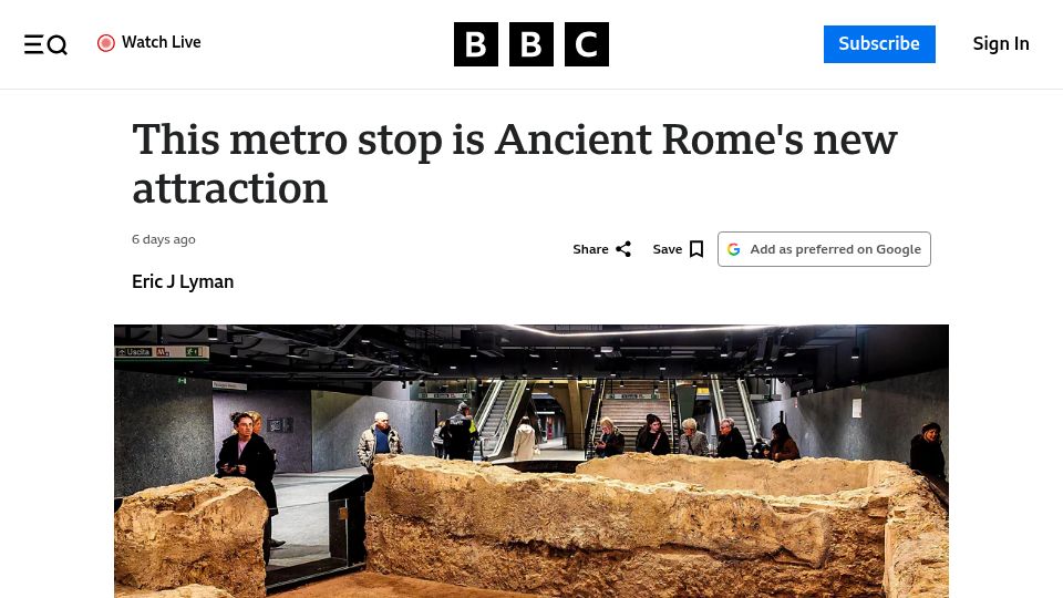 Screenshot of bbc.com: Metro stop is Ancient Rome's new attraction