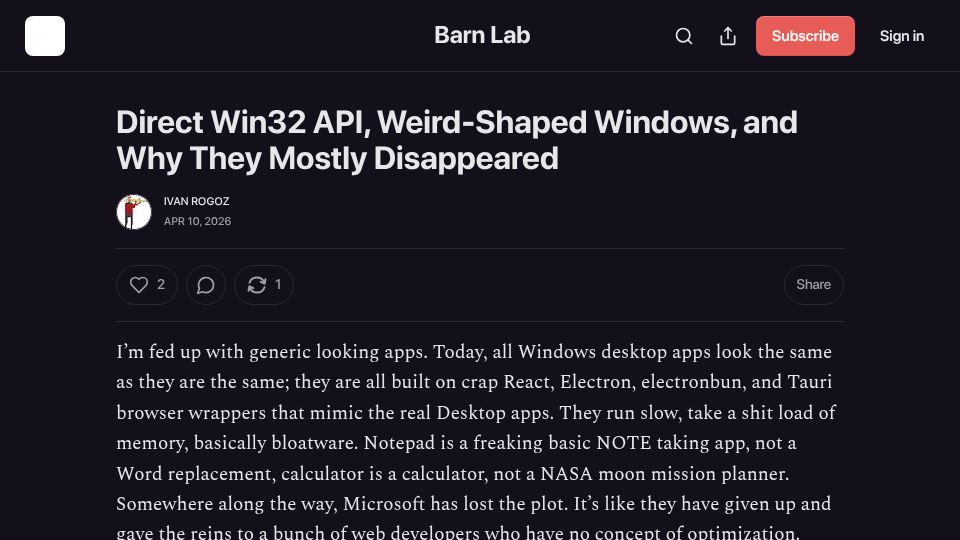 Screenshot of warped3.substack.com: Direct Win32 API, Weird-Shaped Windows, and Why They Mostly Disappeared