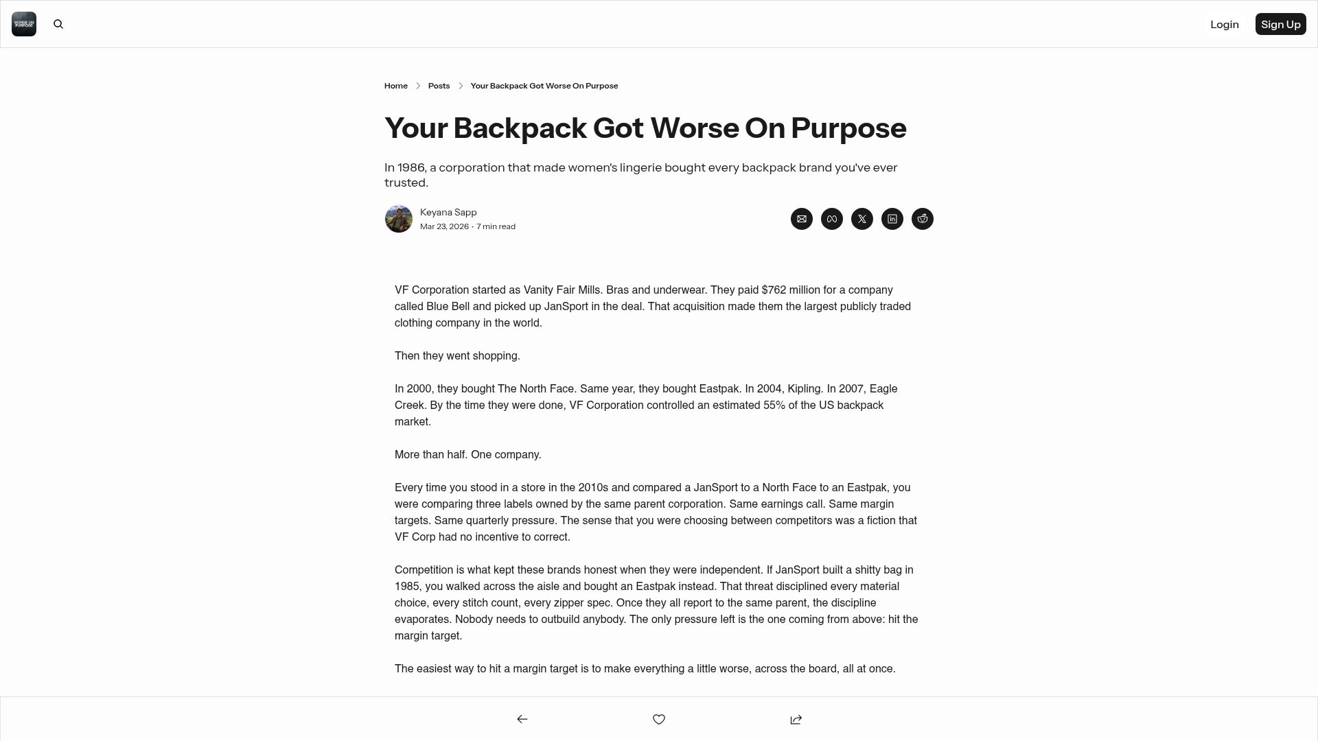 Screenshot of worseonpurpose.com: Backpacks got worse on purpose